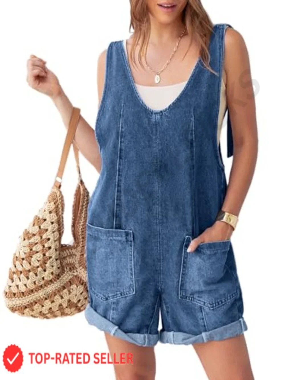 Women's Denim Overall Shorts Romper Sleeveless V Neck Casual Summer Jumpsuit